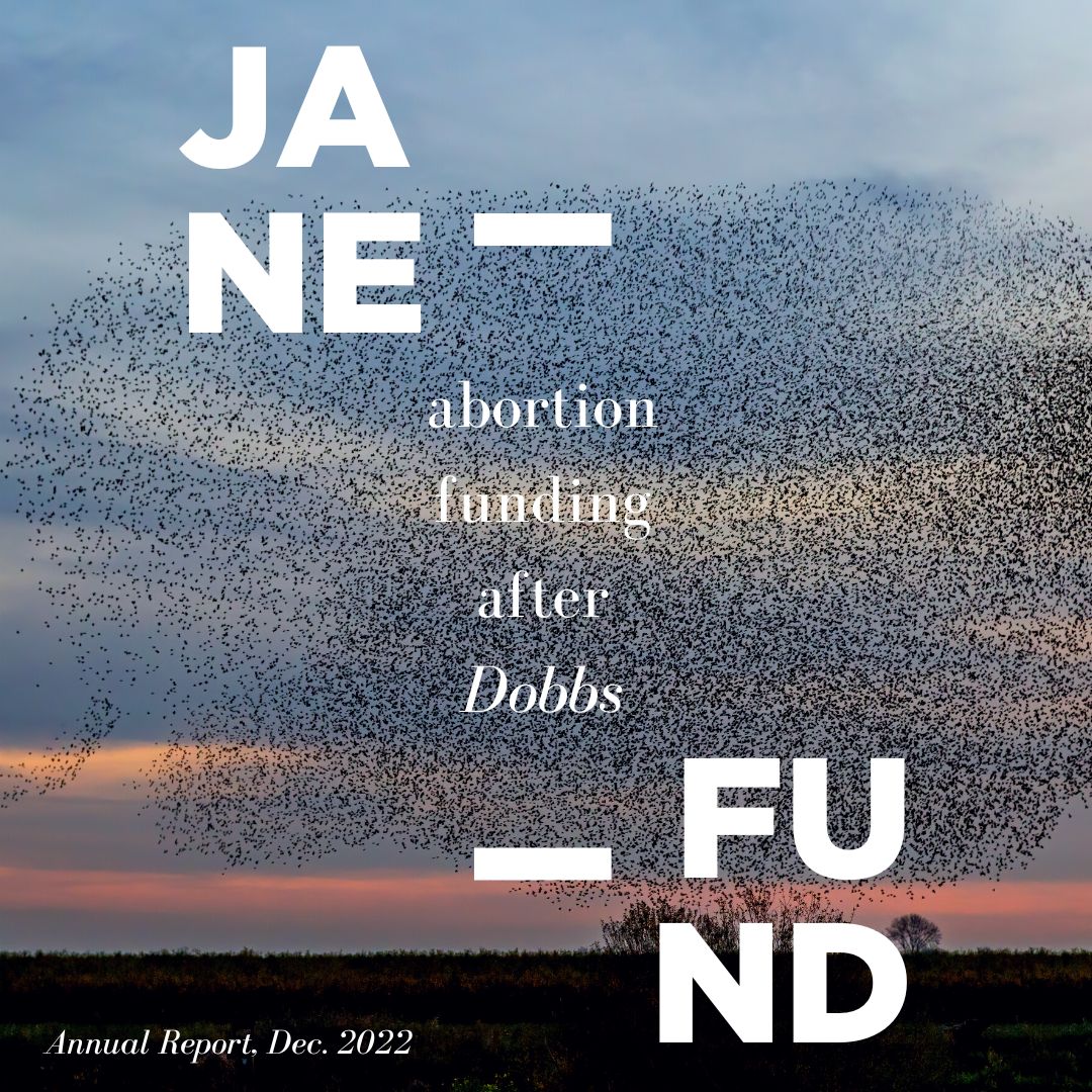 murmuration of starlings at dusk with white text, "JANE - FUND abortion funding after Dobbs"